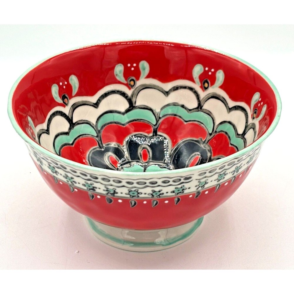 ANTHROPOLOGIE Footed Bowl Akaya Elka Red Bohemian Floral Handpainted Cereal Soup